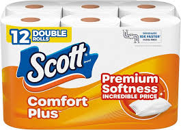 Scott ComfortPlus Toilet Paper – 12 Double Rolls, 1-Ply, Septic-Safe, 231 Sheets per Roll